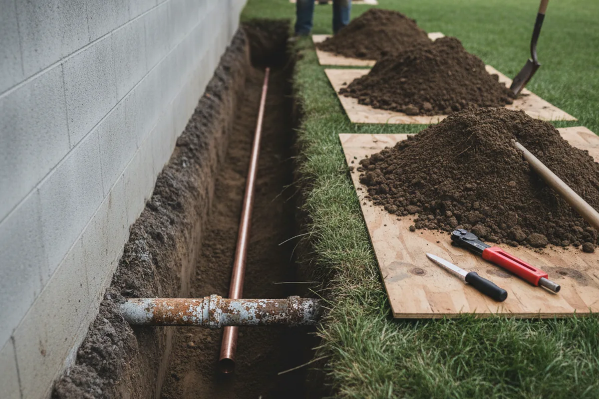 Excavated water line trench during Water Heater Repair in Lund